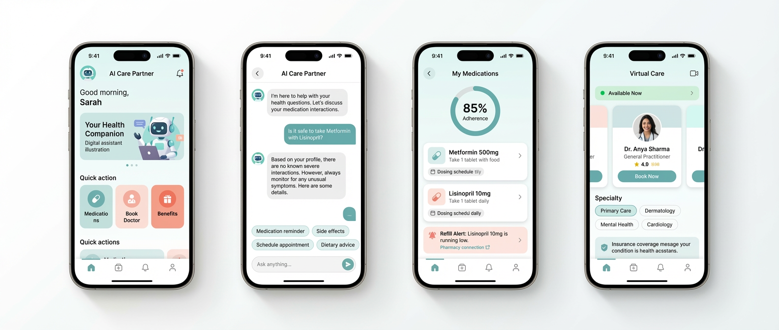 AI Care Partner App Screens - Home, AI Chat, Medication Management, and Virtual Care